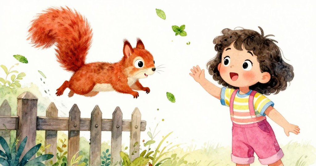 小松鼠靈活跳躍越過圍欄，撒落薄荷葉如彩紙，Kayla驚喜觀察，動態場景展現故事高潮轉捩點。
