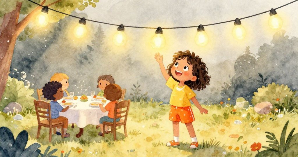 Kayla按下開關後，柔和燈光灑落在潮濕草地上，她滿足微笑注視著布置精美的戶外晚宴，故事圓滿結局。