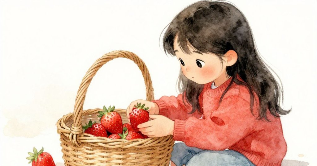 米拉在花園中輕輕打開籃子,陽光灑在編織籃上,露出旁邊紅潤草莓,展現故事中籌備生日蛋糕的溫馨細節