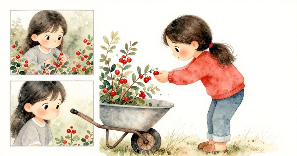 米拉彎腰採摘枝頭閃著光的草莓,一旁的手推車意外地阻擋了她的視線,臉上流露出既專注又略帶困惑的表情