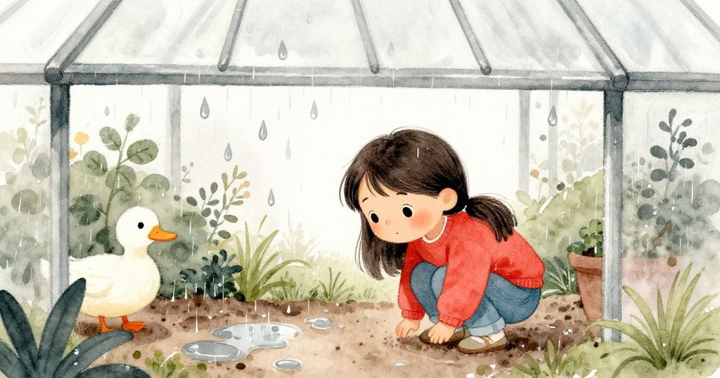 米拉躲在溫暖玻璃溫室的屋簷下,細雨輕敲衣袖和土壤,陰沉天色中流露出從容面容,展現氣候轉變的時刻