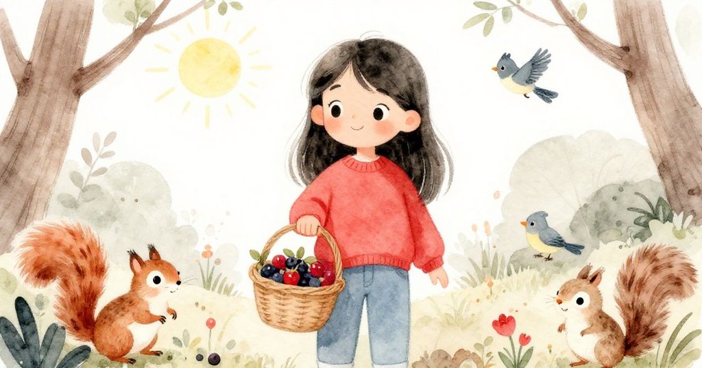 米拉滿懷喜悅提著滿滿草莓的籃子,身邊小松鼠和小鳥快樂相伴,陽光重新灑落在花園中,慶祝豐收時刻