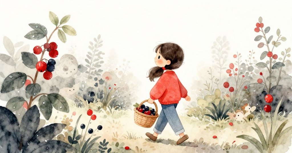 米拉滿臉喜悅離開花園,籃子滿載著涼爽甜美的草莓,背景葉片上閃耀露珠,象徵耐心與豐收的寓意