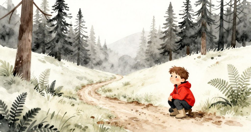 在被青翠蕨葉和鬱鬱蔥蔥松樹環繞的山谷小徑邊，山姆蹲著，臉上充滿期待與好奇，開始他的冒險之旅。