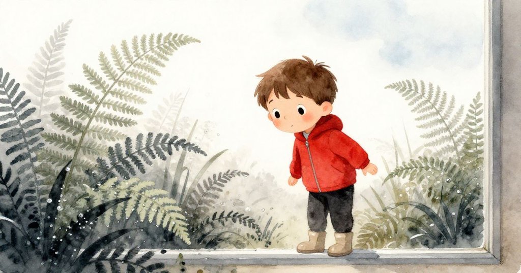 山姆透過覆滿水珠的蕨葉天然窗戶凝眸遠方澄淨天空，展現好奇與驚喜，進入故事發展。