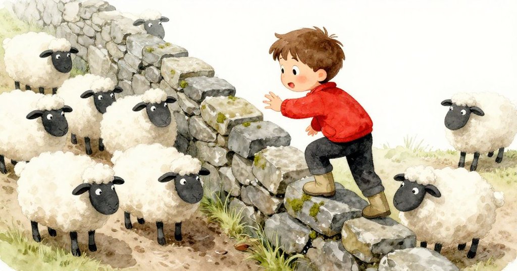 山姆攀爬著青苔覆蓋的石牆，躲避悠閒吃草的羊群，畫面充滿動感與互動，故事進入高潮。