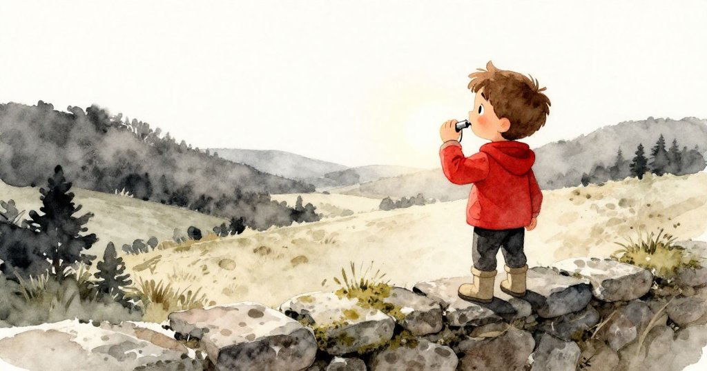 在寧靜山谷中，山姆站於石牆上找回掛在樹枝上的銀哨，夕陽映照著他臉上滿足與安慰，故事圓滿落幕。