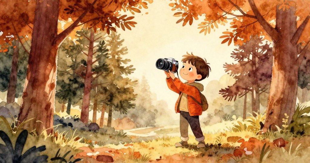 Leo站在松園邊緣，用舊相機等待冒險開始，陽光穿透樹葉灑落，神情期待且平靜，展現自然美景。