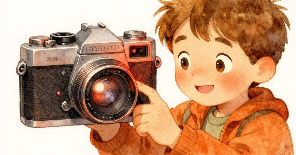 Leo專心檢查舊相機，紅色指示燈急閃，詳細呈現相機的磨損紋理與即將開始冒險前的緊張準備。