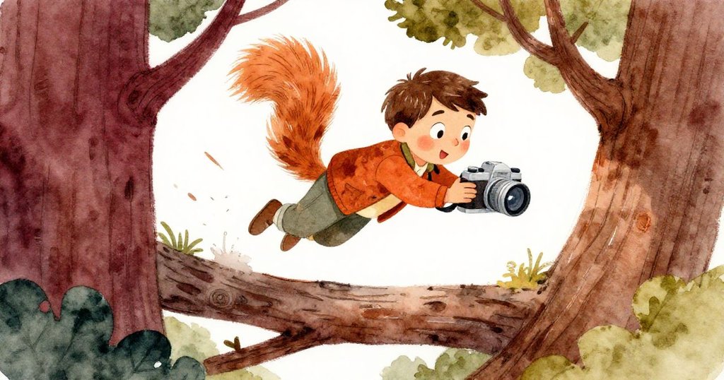 在隱蔽樹枝間，雪白松鼠突然躍向Leo的相機，動作迅捷引起驚訝，背景樹影與乾針營造神秘氣氛。