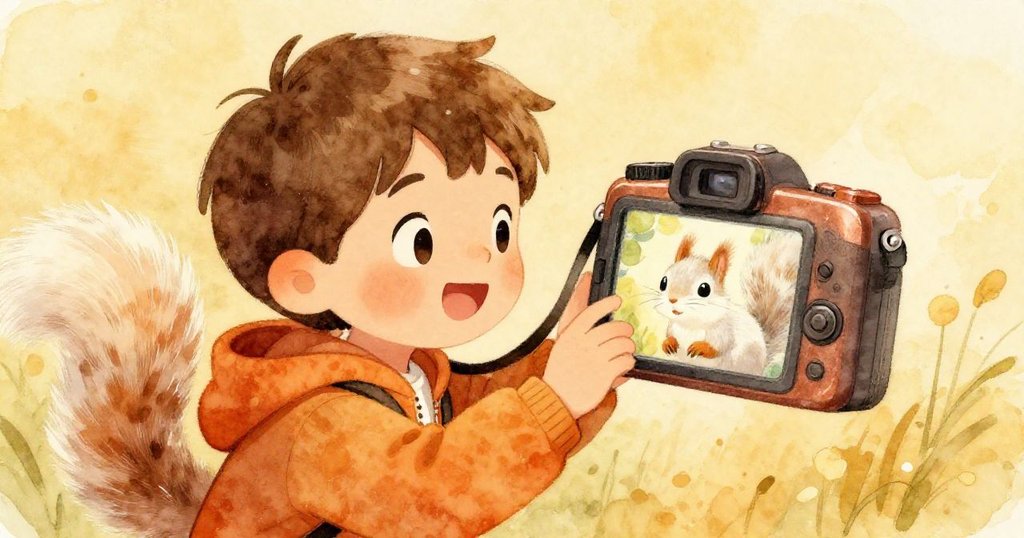 Leo滿臉喜悅檢視相機螢幕上捕捉到松鼠的完美影像，溫暖夕陽映照下展現勝利與驚喜。