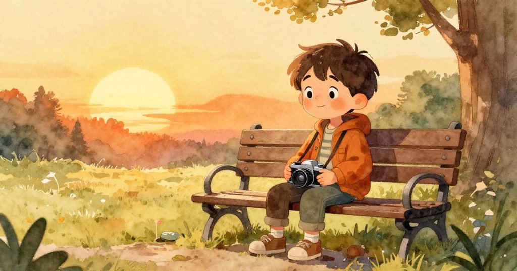 Leo坐在公園長椅上休憩，夕陽餘暉映襯著疲憊與滿足神情，相機安放在手中記錄冒險回憶。