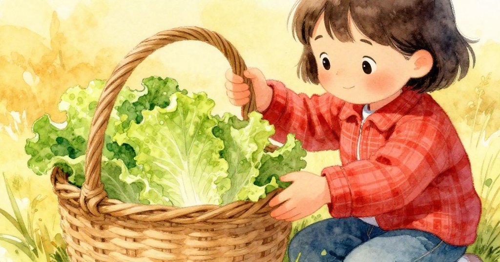 莉拉的手細緻檢查著裝有翠綠萵苣的籃子,光線溫暖,展現出期待與認真準備的情感,背景隱約見庭院。