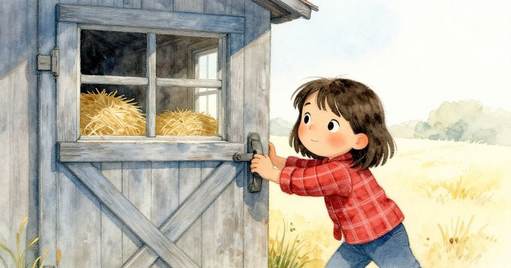 莉拉努力推動破舊穀倉門,透過小窗隱約見到裡面稻草堆,表情專注且堅定,天光微藍。