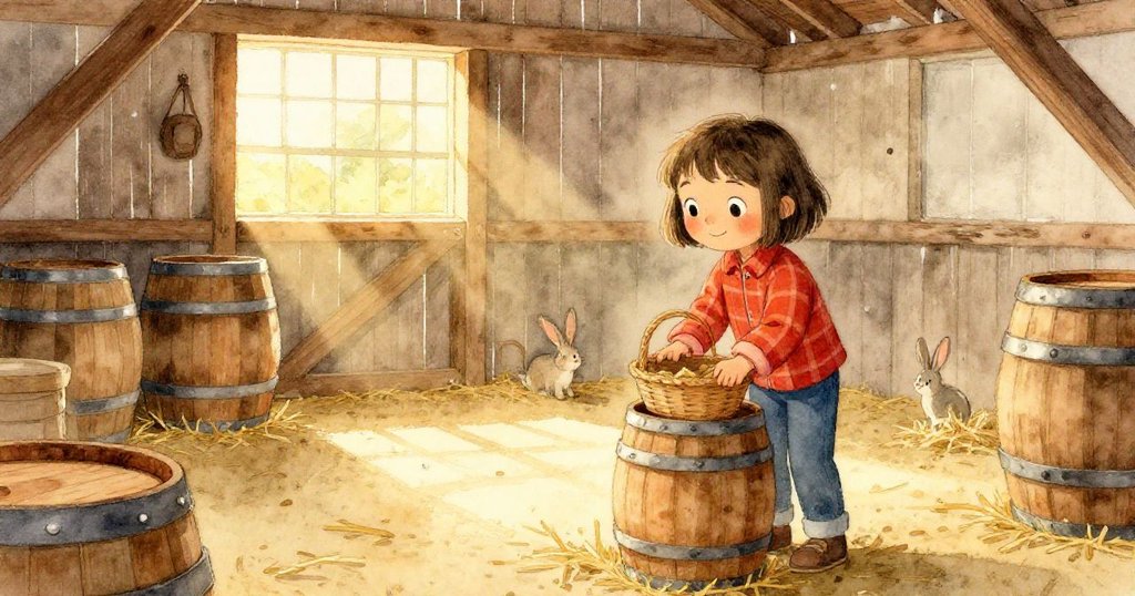 莉拉走進穀倉內部,將籃子放在木桶上,周圍散落稻草,神情輕鬆期待,溫暖光線照耀著古樸內室。