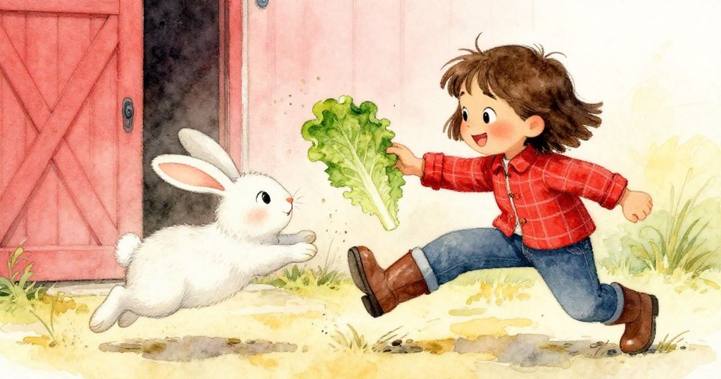 莉拉急忙用靴子阻擋搗蛋兔子的前進,黃塵飛揚中,表情驚訝又堅定,背後是逐漸打開的穀倉門。