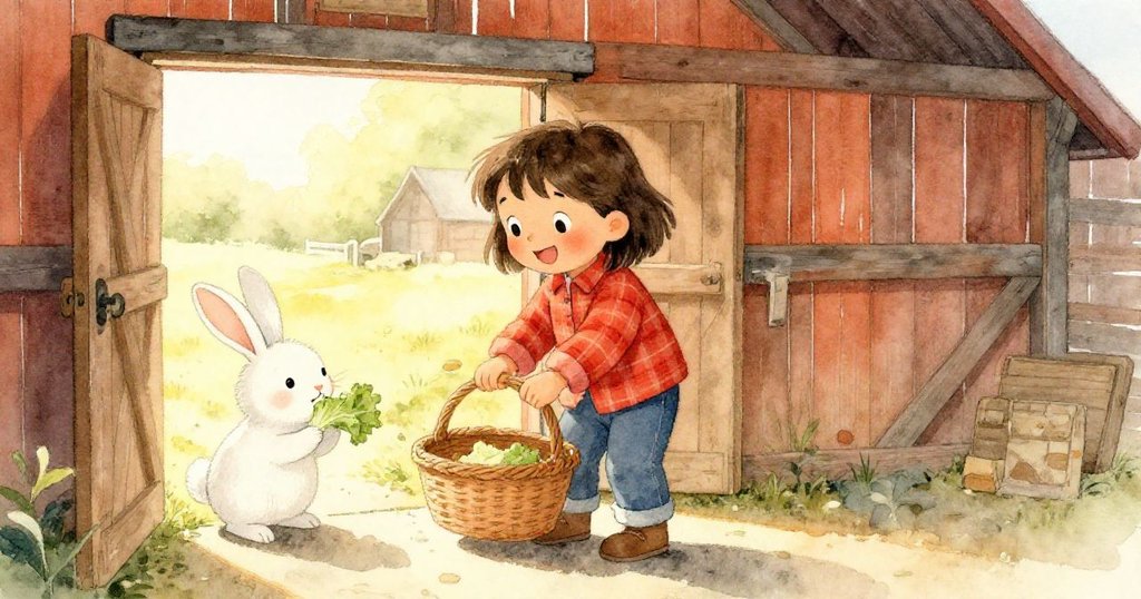 莉拉微笑著將籃子引入打開的穀倉,調皮兔子享受綠葉,陽光從門口瀰漫,和諧而溫暖氣氛。