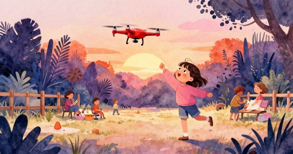 Mira在熱鬧公園中發射紅色玩具無人機，微風吹過籬笆，高大綠植映襯下滿懷期待與活力。