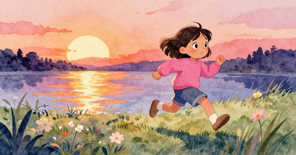 Mira躍動奔向閃爍水坑，腳步充滿活力，草地色彩斑斕映出希望與冒險氣息，神情愉悅。