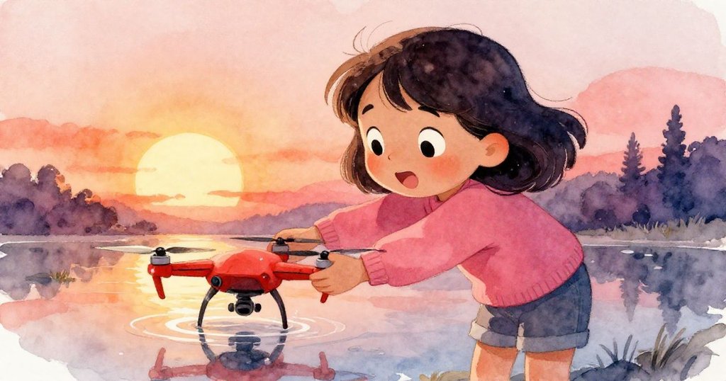 Mira蹲下小心撿起水中紅色無人機，水珠閃耀映出曙光，臉上滿是喜悅與安心情懷。