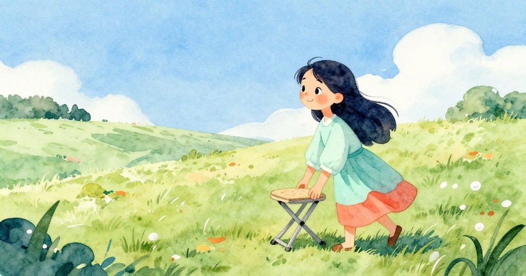 薩拉在中午陽光下,將摺疊凳放置於綠意盎然的牧場邊,充滿期待與平靜的心情。
