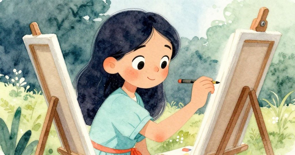 薩拉專注畫作時,臉上展現驚喜與堅定的神情,手握畫筆,背景中能見到嬉戲的麻雀與農舍間的綠野。