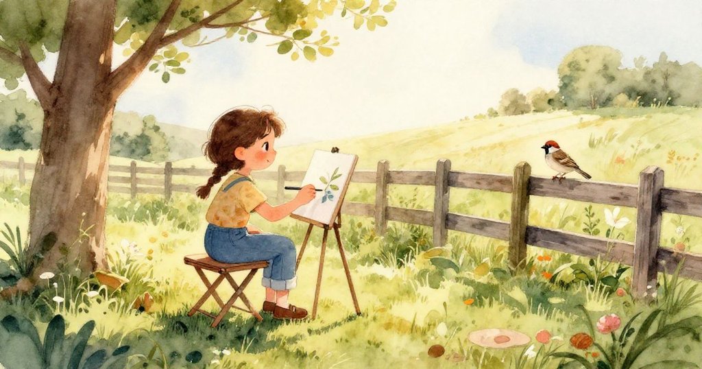 麻雀在籬笆邊啄食散落的種子,從動物視角呈現生動動感,背景中草地綠意盎然且陽光明媚。