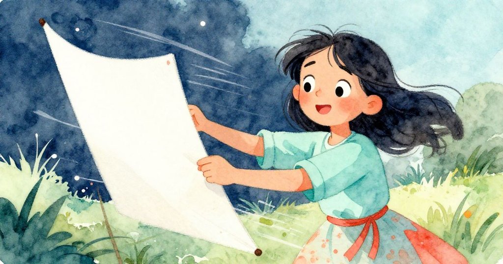 強風席捲現場,畫布幾乎從薩拉手中脫落,速寫本翻飛,她神情既驚慌又帶著一絲趣味,背景風起雲湧。