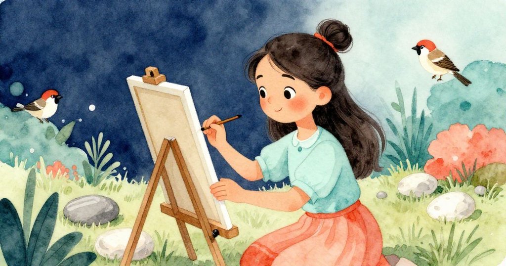 薩拉調整畫架,小心鋪設平滑石塊於畫紙邊緣,神情鎮定且期待,等待麻雀再度歸來,背景依舊綠意盎然。