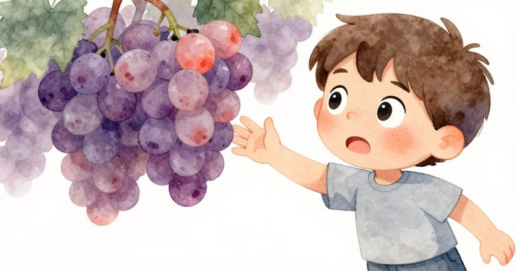 黎歐專注地伸手摘葡萄,大眼中閃爍著希望與興奮,背景呈現柔和薰衣草灰與珊瑚色調。