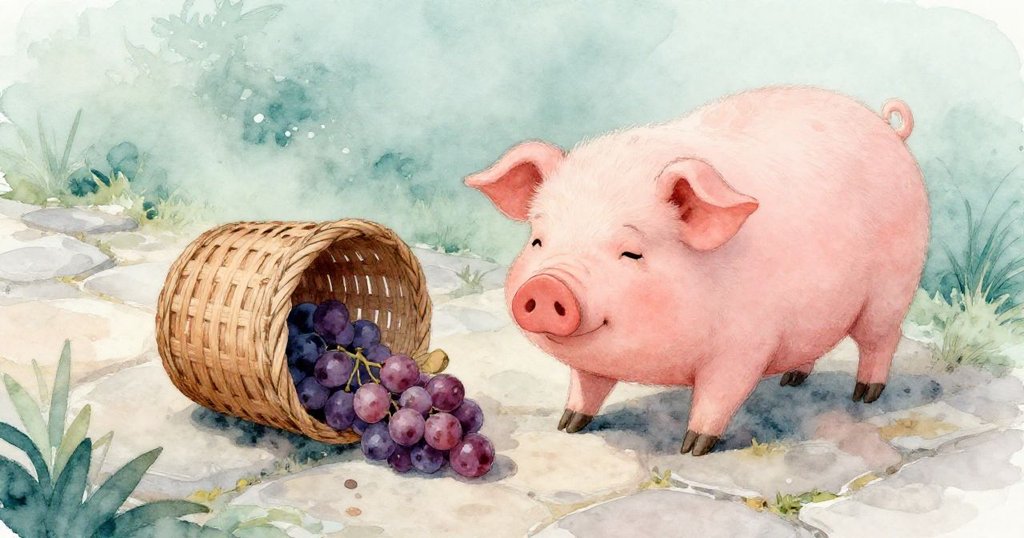 從高處俯瞰,小豬輕觸籃子使其傾覆,葡萄灑落在石徑上,場景中充滿玩樂與輕快混亂感。