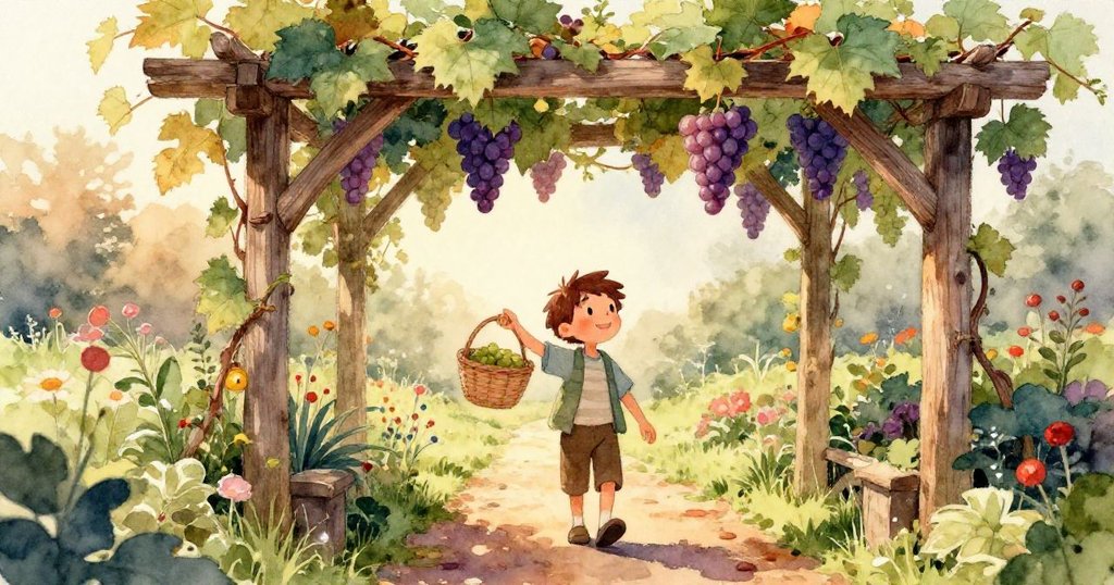 金屬桶撞擊發出鈴聲,鷹從籬笆掠過,葡萄紛飛並濺起果汁,花園中晨光映照著活力四射的場景。