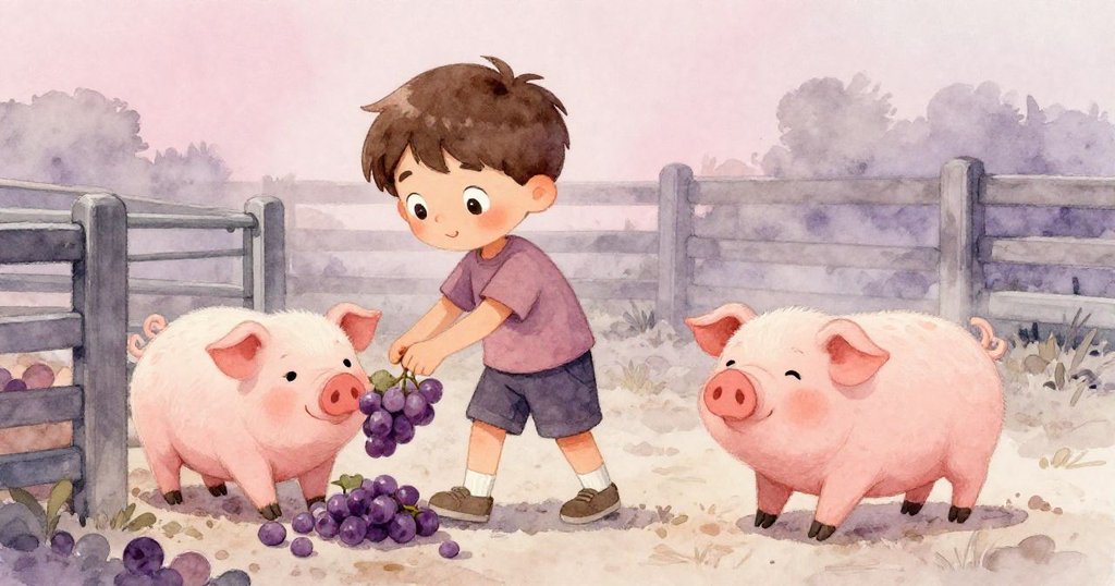 黎歐平靜地俯身撿拾散落的葡萄,溫柔引導迷惑的小豬返回豬圈,神情充滿決定與關懷。