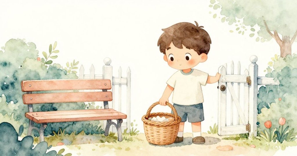 黎歐滿足地將滿籃葡萄擺在長椅上,輕輕關上花園門,神情平靜,背景散發出柔和米白與薄荷藍溫暖光彩。