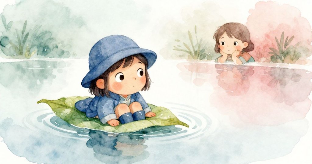 Mia焦急地注視著藍帽隨一片綠葉在水面飄動，天色陰沉，充滿意外的驚奇感。