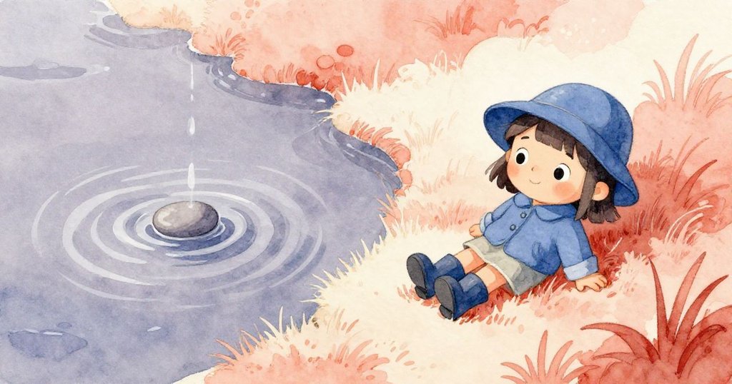 Mia目睹石子落水激起漣漪，同時藍帽安靜落在草地上，表情逐漸平靜，天氣稍微轉好。