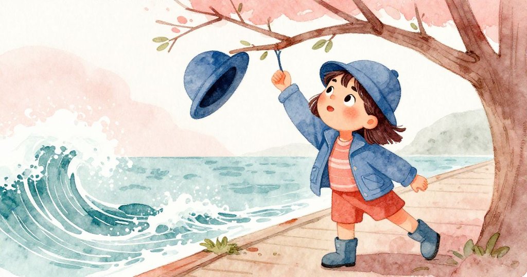 Mia急忙抓住低垂的樹枝，用外套袖子勾住飄浮藍帽，激烈波浪中充滿緊張與決心。