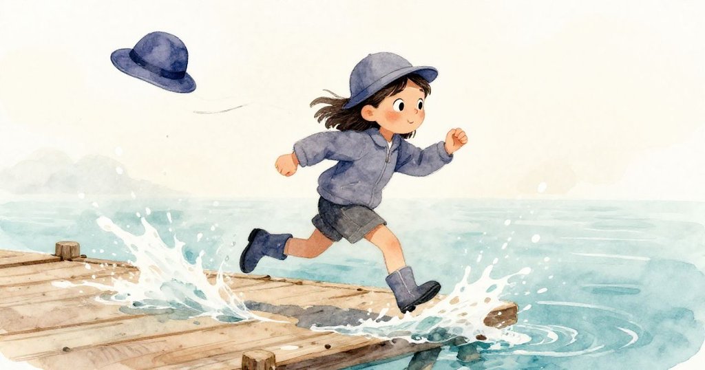 Mia沿著濕滑的碼頭奮力追逐藍帽，水花四濺，她神情專注且充滿力量。