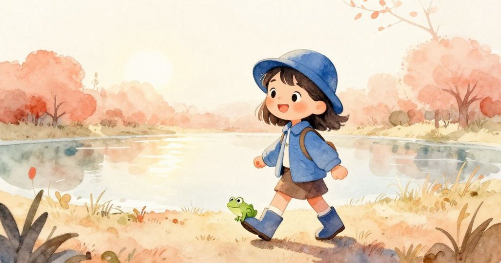 Mia滿懷喜悅戴上藍帽，腳上綠蛙靜立，雨退天晴，金色光輝映照平靜池塘，她心滿意足地回家。