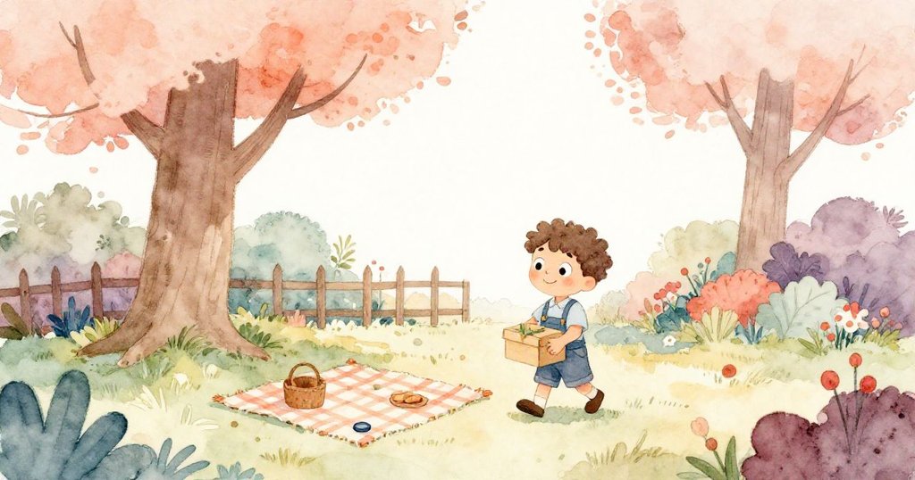 米洛在陽光明媚的庭院中,手持小盒子,旁邊有高大的樹和野餐毛毯,展現決心和期待。