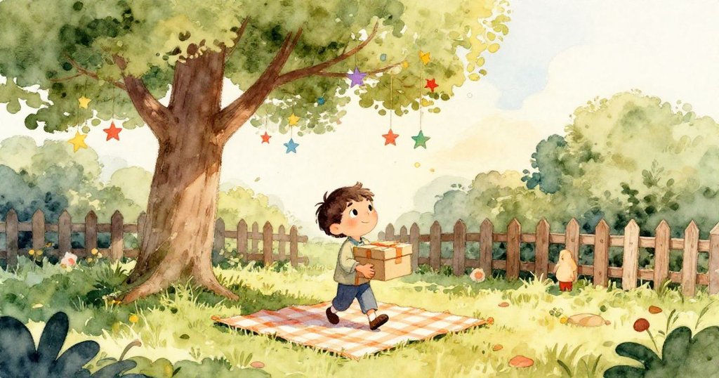 米洛的盒子傾斜,散落著鮮豔紙張,一隻手正在拾取,展示失落與創意的象徵。