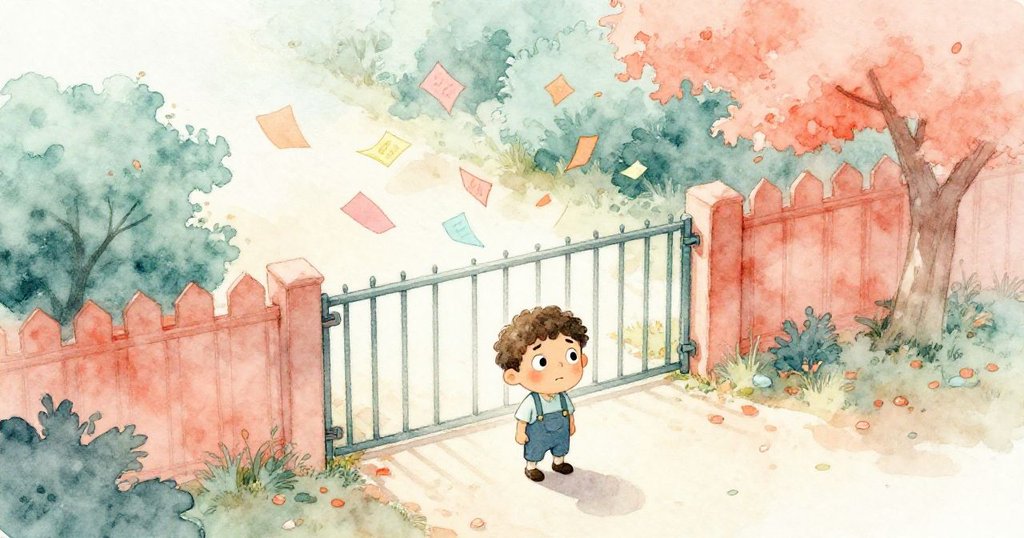 從高處俯瞰,飛舞的紙張越過低矮圍籬,米洛低頭展露擔憂,營造出大小懸殊的情境。