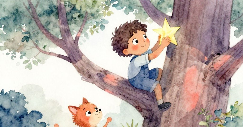 從高處看見米洛爬樹製作紙星,周圍樹枝繁葉茂,小狗波比在下方注視,光線柔和且專注。