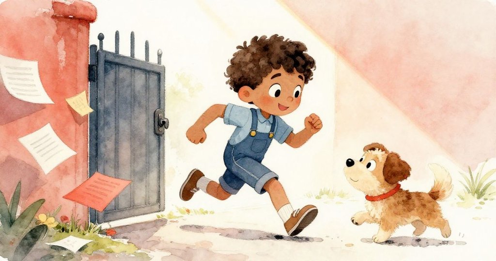 米洛神情堅定地奔向鎖著的鄰居大門,小狗波比輕觸散落紙張,現場充滿懸念和迅速動態。