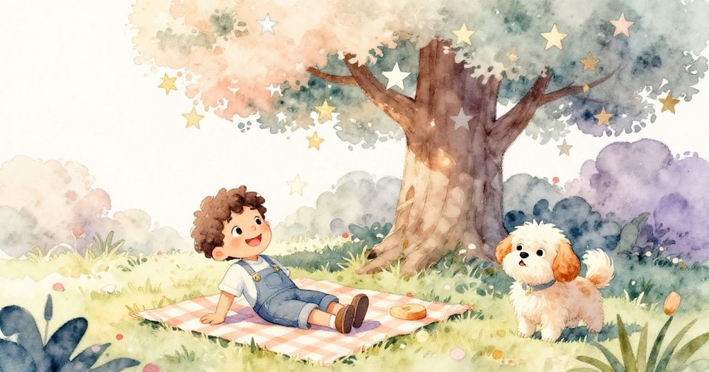 米洛坐在野餐毯旁,欣賞裝飾滿天紙星的樹,與小狗波比共享寧靜時刻,溫暖而滿足。