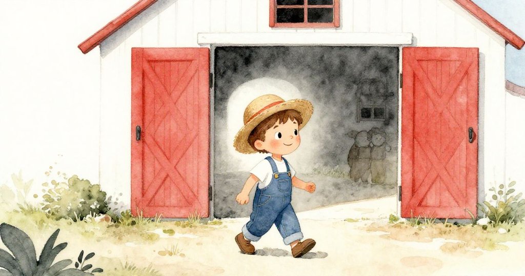 Tim輕快地走在庭院上，朝著明亮的穀倉門邁步，柔和光線灑出充滿期待的早晨氣氛。