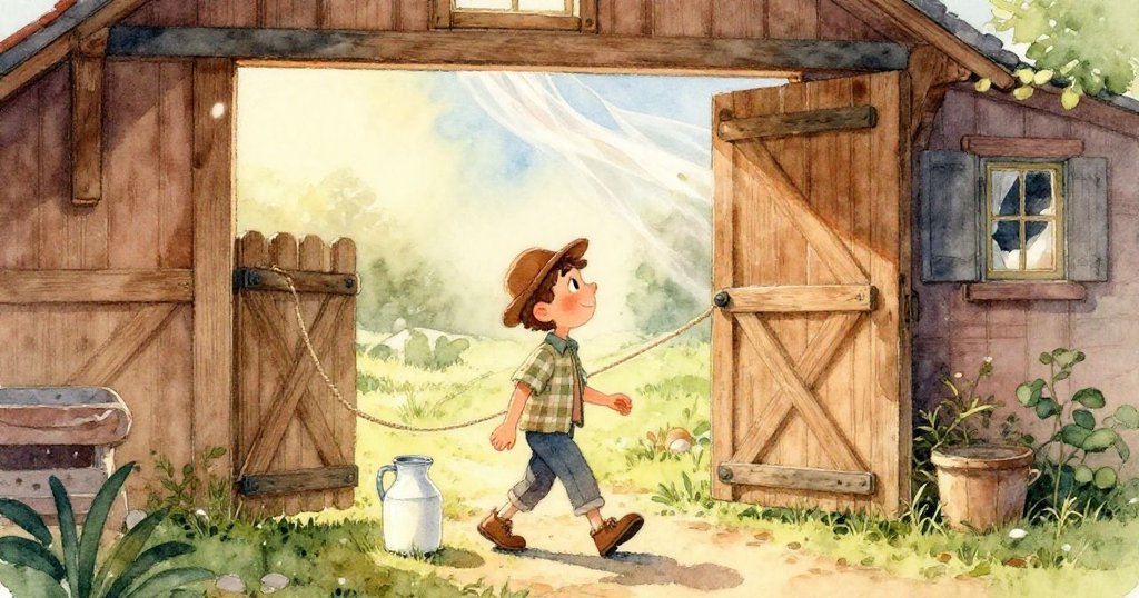 Tim的眼睛特寫充滿好奇與驚奇，背景隱約展示微風吹動木桿上鬆動的繩索與桶子細節。