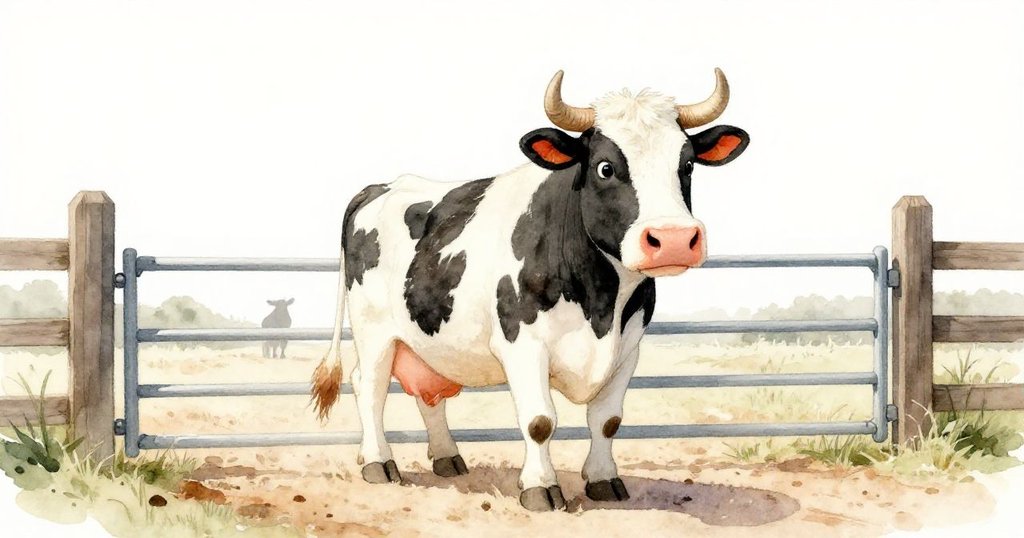 斜視角度展示斑點牛自信地踏出大開門閘，塵土飛揚中，Tim在遠處觀察，氣氛充滿動感與期待。