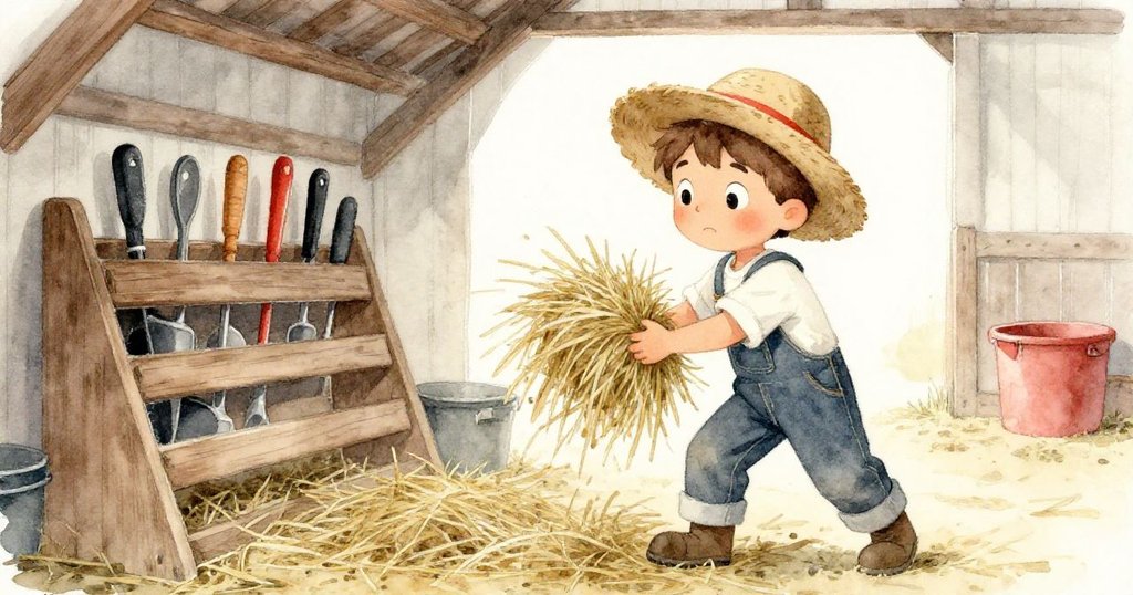 Tim在穀倉內急忙抓取香甜乾草，背景工具架與粗糙牆面營造出鄉村味道，神情焦慮卻果斷。