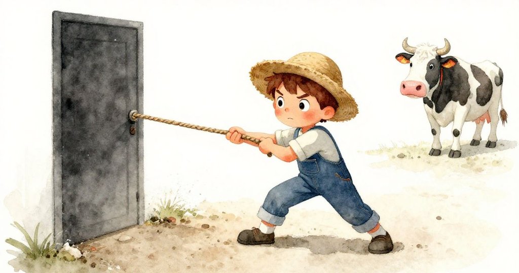 Tim焦急拉扯繩索解決卡住且磨擦地面的搖擺門，遠處的牛靜待時機，場面充滿緊張和急迫氣氛。